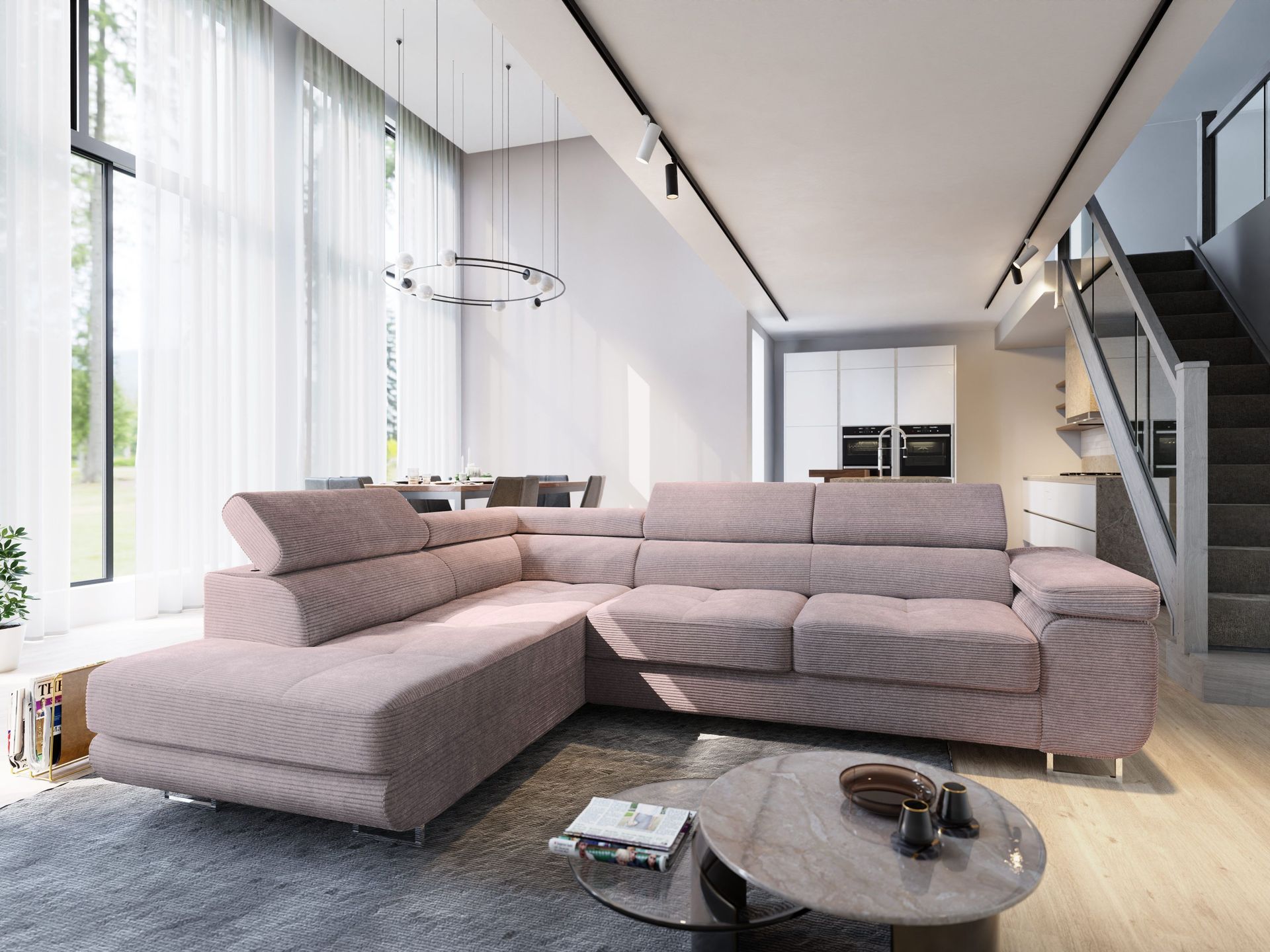 Masseno Narożnik APIRO L-S z funkcją spania i pojemnikiem na pościel Kształt L, Rozkładana sofa, Rogówka - Wrzos, POSO 130