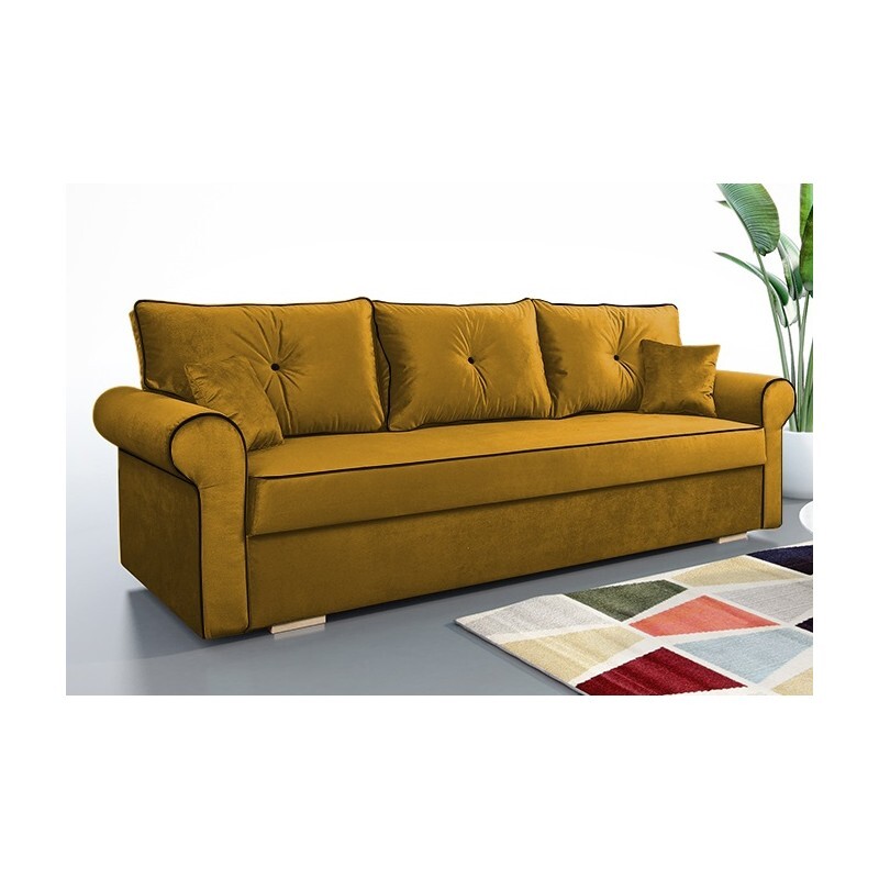 Sofa rozkładana TOP, sofa z funkcją spania i pojemnikiem na pościel, sofa rozkładana, sofa rozkładana z czarnymi guzikami, sofa w kolorze: pomarańczowy, zestaw sofa: tkanina welurowa