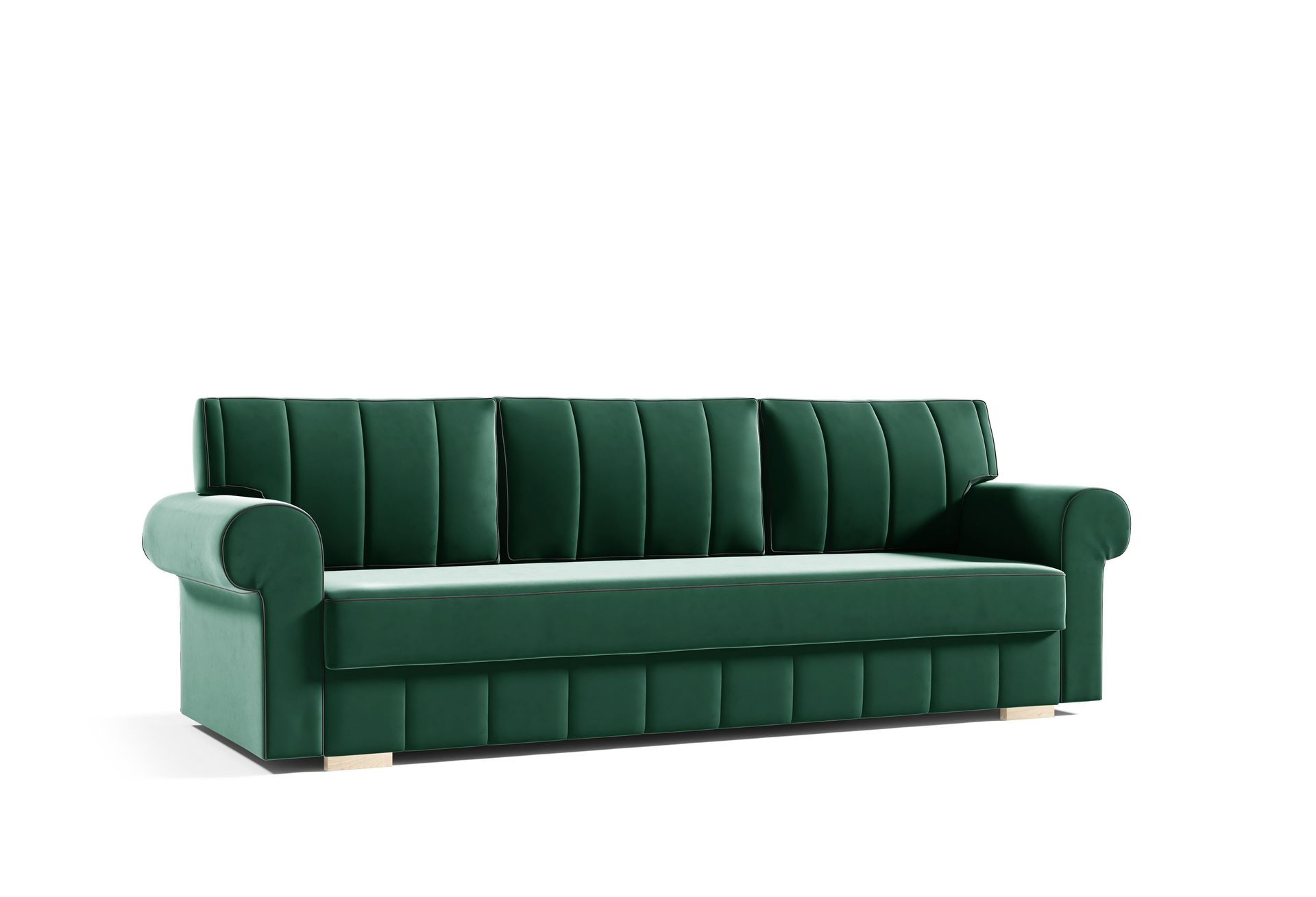 Sofa rozkładana INES Sofa z funkcją spania i pojemnikiem na pościel, rozkładana sofa, rozkładana sofa z drewnianymi nóżkami, sofa w kolorze: zielony, tkanina welurowa