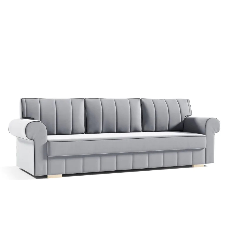 Sofa rozkładana INES Sofa z funkcją spania i pojemnikiem na pościel, rozkładana sofa, rozkładana sofa z drewnianymi nóżkami, sofa w kolorze: szary, tkanina welurowa