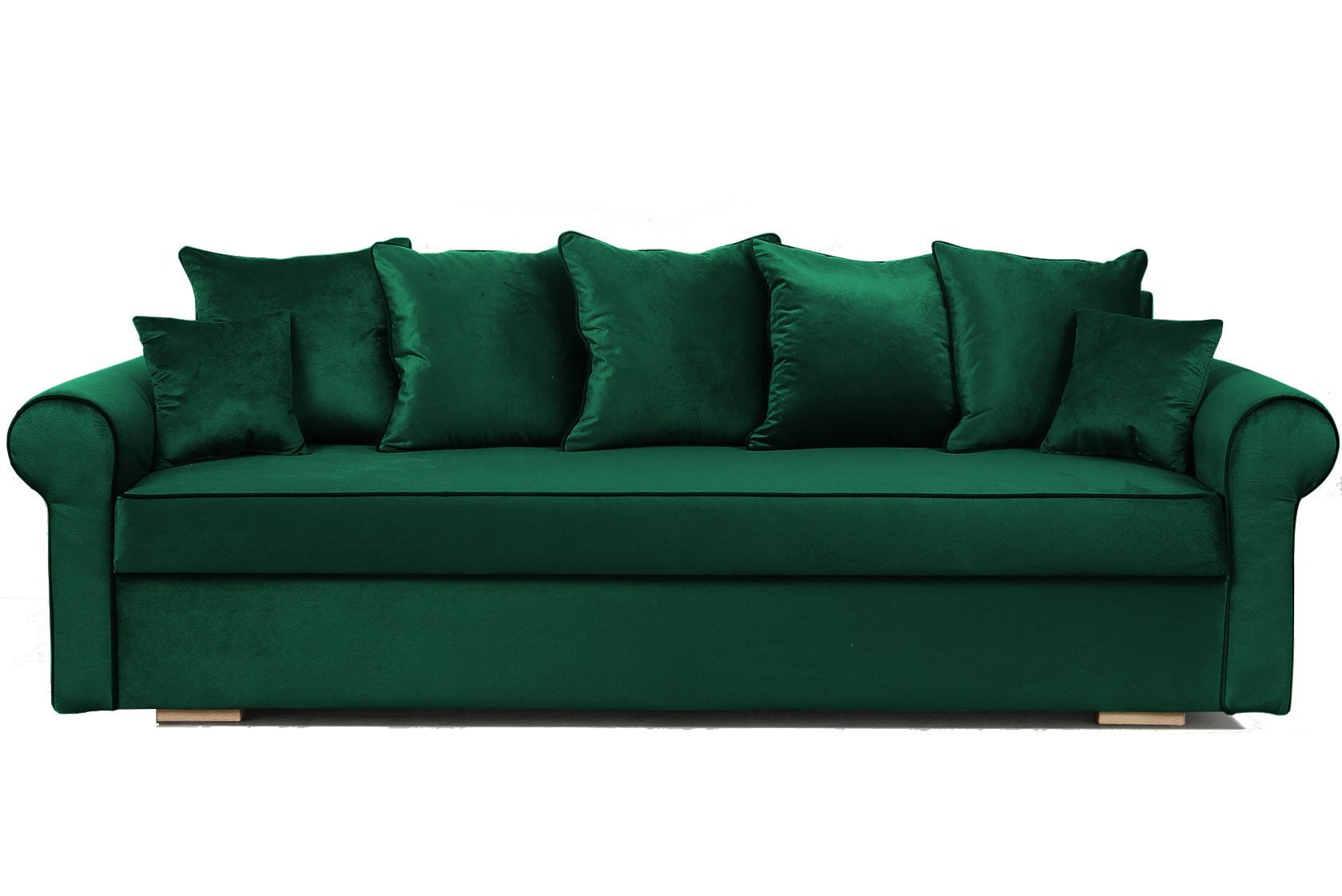 Sofa rozkładana VIVIA, sofa z funkcją spania i pojemnikiem na pościel, sofa rozkładana, sofa na chromowanych nóżkach, sofa w kolorze: zielony, tkanina welurowa
