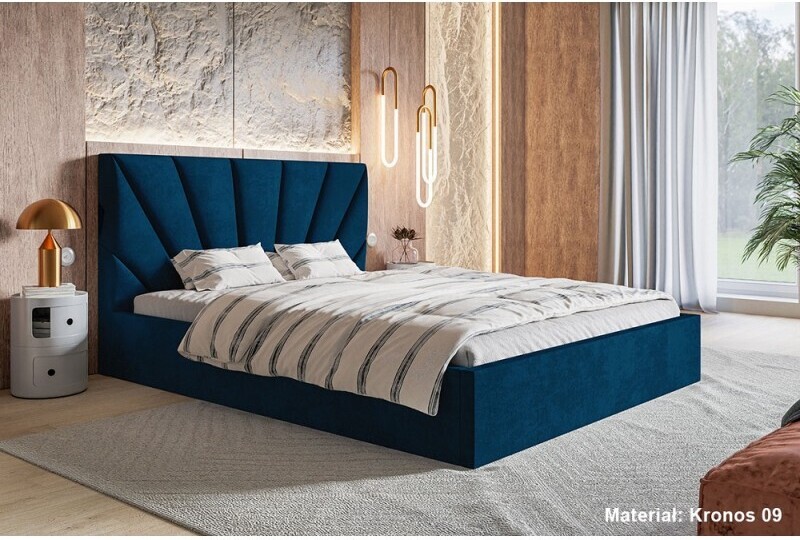 Łóżko tapicerowane SLIM 3 z wezgłowiem, 140x200 cm, łóżko podwójne z podstawą łóżka i stelażem z listew drewnianych, tkanina welurowa, kolor: niebieski