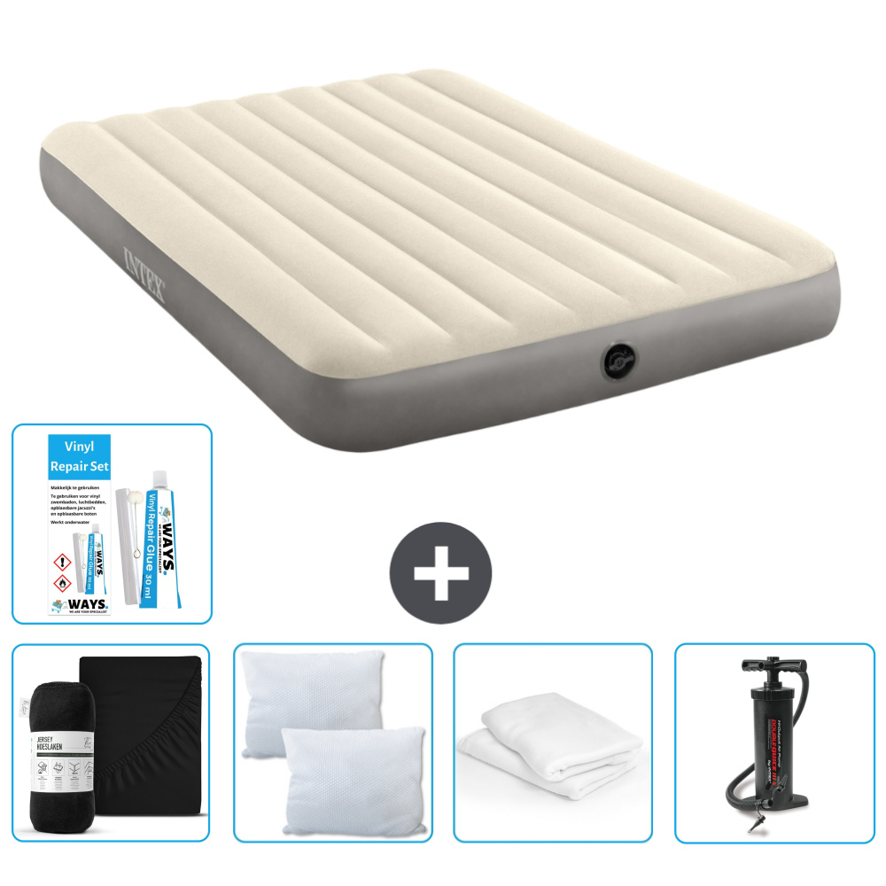 Łóżko powietrzne Intex - 2 osoby - 152 x 203 x 25 cm - beżowe - w zestawie prześcieradło - pocałunek - pompka - zestaw naprawczy en ochraniacz na poduszkę