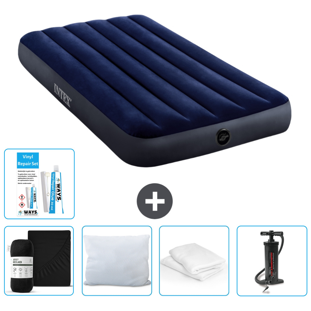 Łóżko powietrzne Intex - dla 1 osoby - 99 x 191 x 25 cm - niebieskie - w zestawie prześcieradło - pocałunek - pompka - zestaw naprawczy i ochraniacz na poduszkę