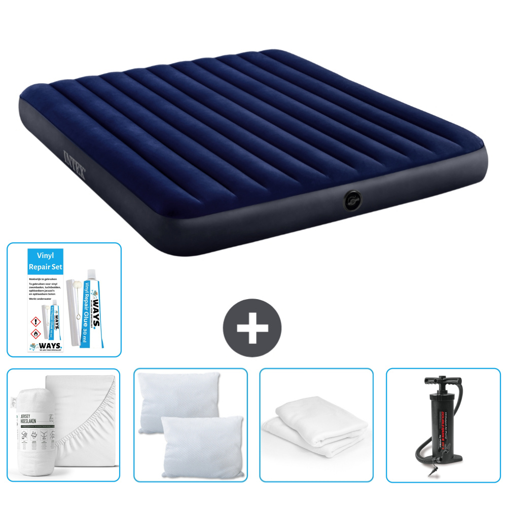 Dmuchane łóżko Intex - 2 osoby - 183 x 203 x 25 cm - niebieskie - w zestawie prześcieradło - buziak - pompka - zestaw naprawczy en ochraniacz na poduszkę