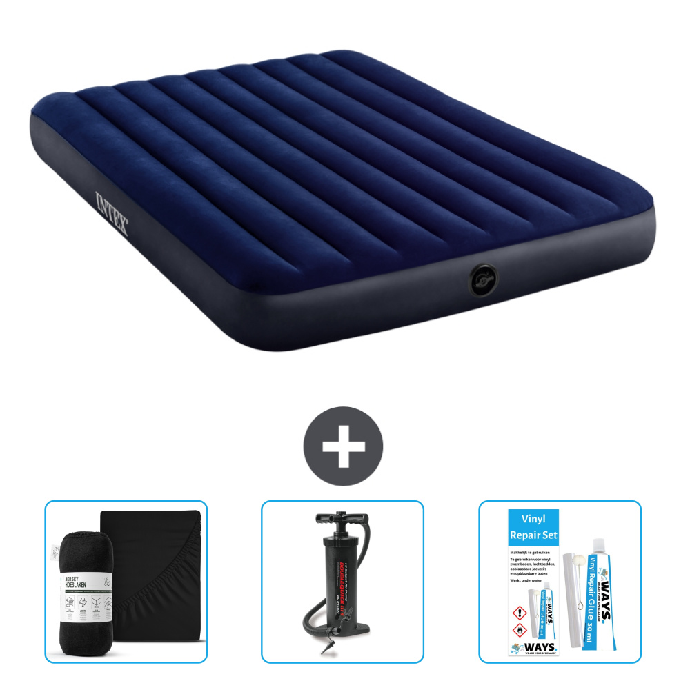 Dmuchane łóżko Intex - 2 osoby - 152 x 203 x 25 cm - niebieskie - w zestawie prześcieradło - pompka i zestaw naprawczy
