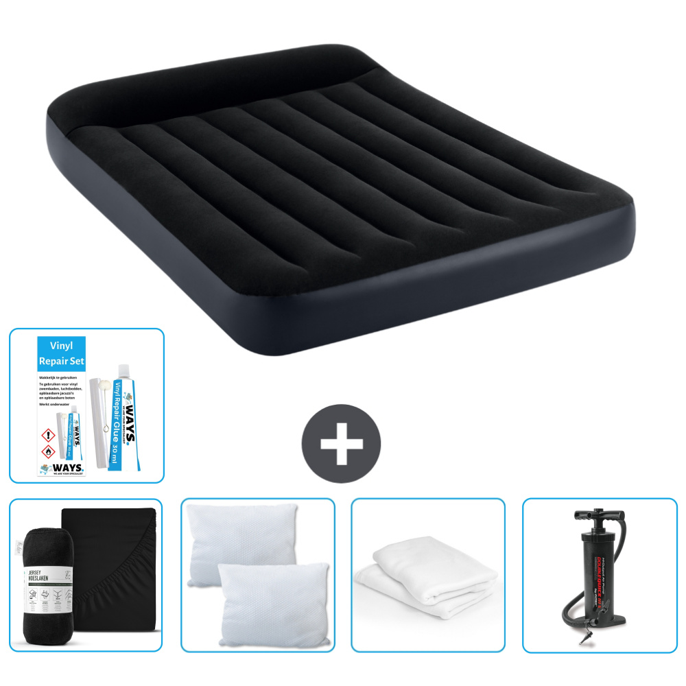 Łóżko powietrzne Intex - Łóżko podwójne - 137 x 191 x 25 cm - Ciemnoniebieski - W zestawie prześcieradło - Pocałunek - Pompka - Zestaw naprawczy en Ochraniacz na poduszkę