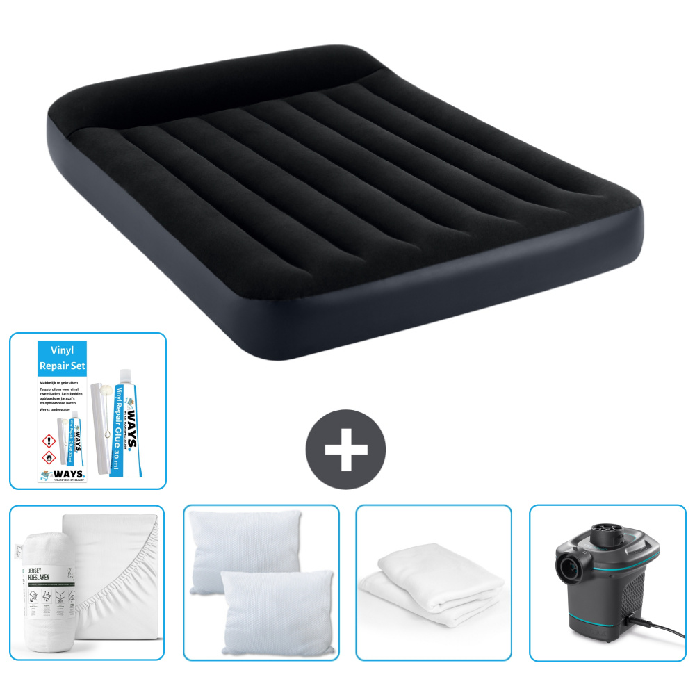 Łóżko powietrzne Intex - Łóżko podwójne - 137 x 191 x 25 cm - Ciemnoniebieski - W zestawie prześcieradło - Pocałunek - Pompka - Zestaw naprawczy en Ochraniacz na poduszkę