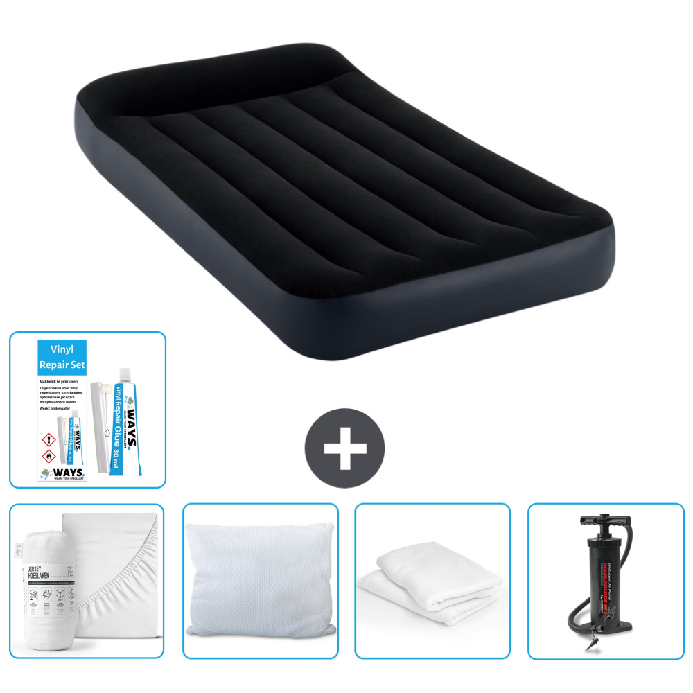 Dmuchane łóżko Intex - 1 osoba - 99 x 191 x 25 cm - Ciemnoniebieski - W zestawie Prześcieradło - Pocałunek - Pompka - Zestaw naprawczy en Ochraniacz na poduszkę