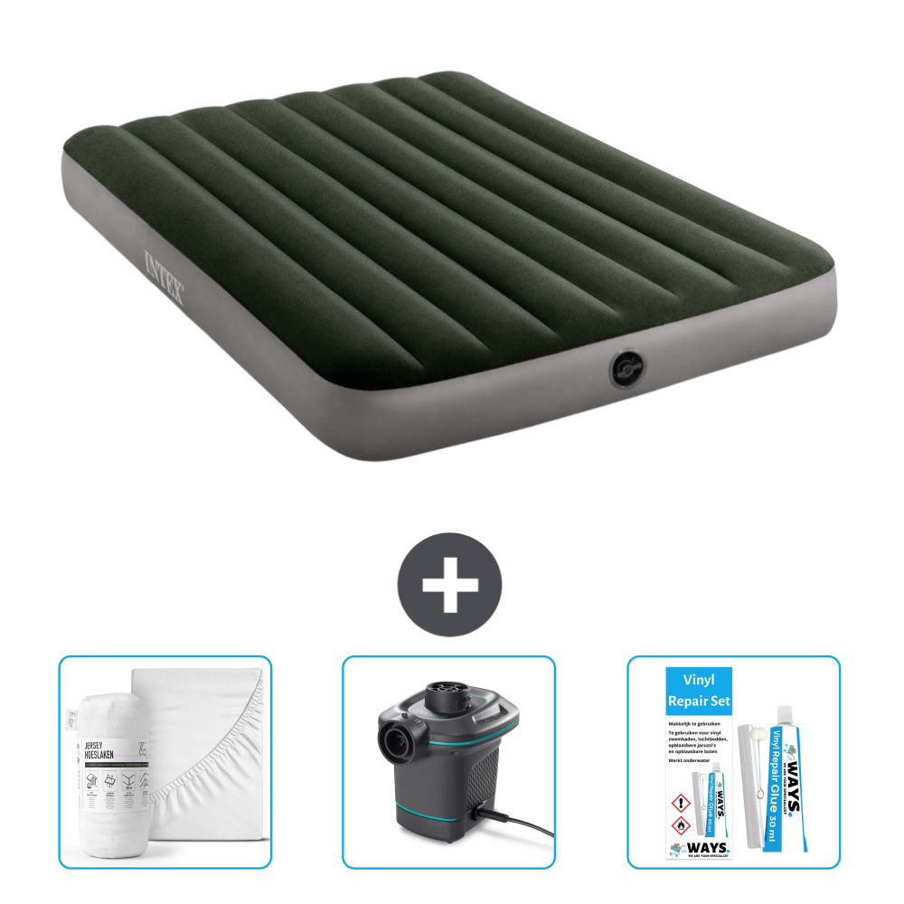 Łóżko powietrzne Intex - Łóżko podwójne - 137 x 191 x 25 cm - Zielony - Zawiera prześcieradło - Pompka i zestaw naprawczy