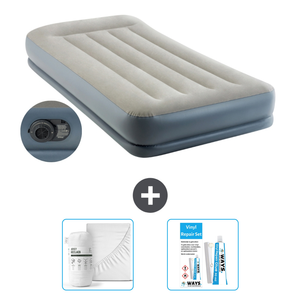 Łóżko powietrzne Intex - 1 osoba - 99 x 191 x 30 cm - Szare - Pompka w zestawie - Prześcieradło i zestaw naprawczy