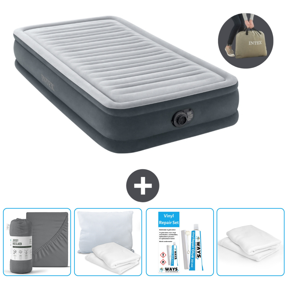 Łóżko powietrzne Intex - 1 osoba - 99 x 191 x 33 cm - Szary - Pompka w zestawie - Prześcieradło - Całowanie - Zestaw naprawczy en Ochraniacz na poduszkę