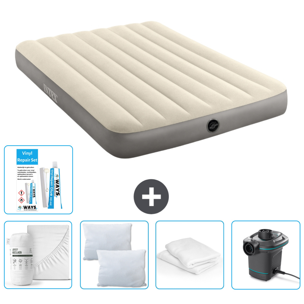 Łóżko powietrzne Intex - Łóżko podwójne - 137 x 191 x 25 cm - Beżowy - W zestawie prześcieradło - Pocałunek - Pompka - Zestaw naprawczy en Ochraniacz na poduszkę