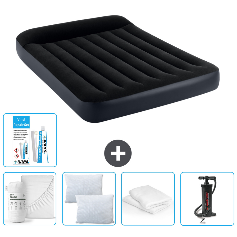 Łóżko powietrzne Intex - Łóżko podwójne - 137 x 191 x 25 cm - Ciemnoniebieski - W zestawie prześcieradło - Pocałunek - Pompka - Zestaw naprawczy en Ochraniacz na poduszkę