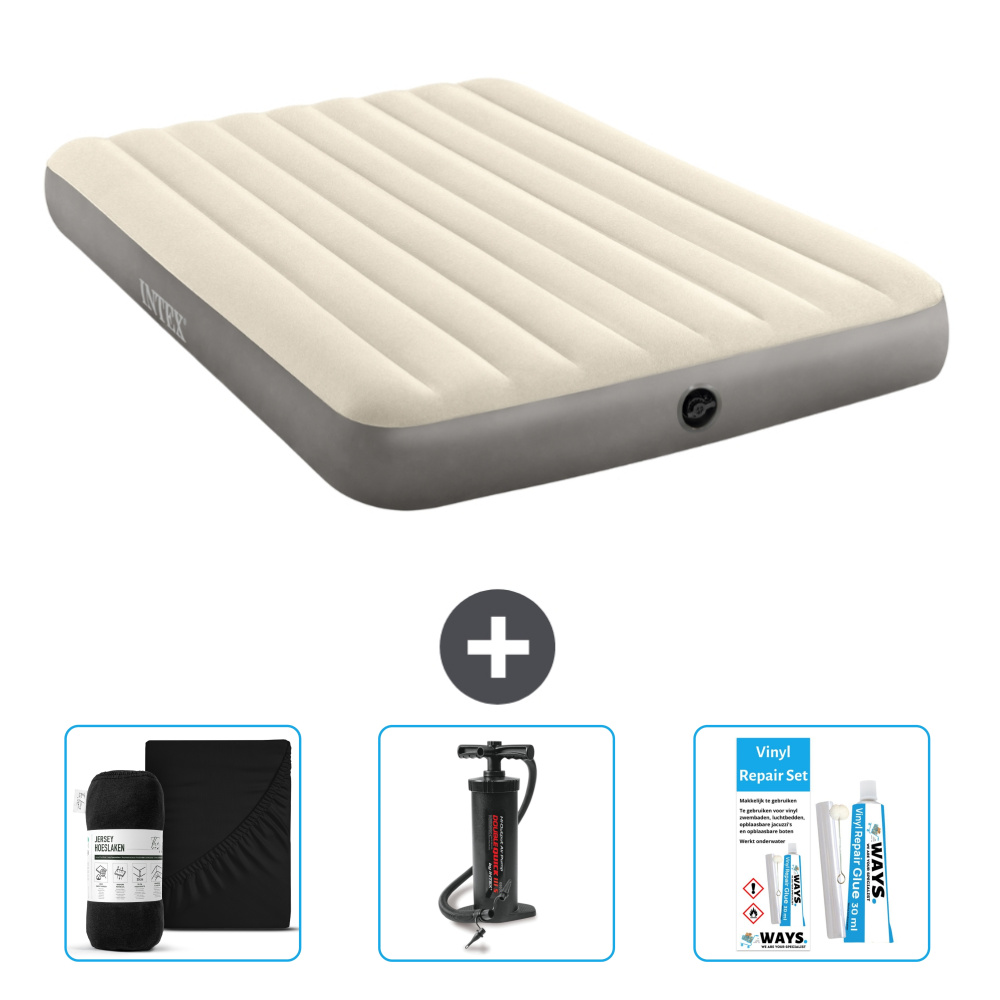 Dmuchane łóżko Intex - 2 osoby - 152 x 203 x 25 cm - beżowe - w zestawie prześcieradło - pompka i zestaw naprawczy