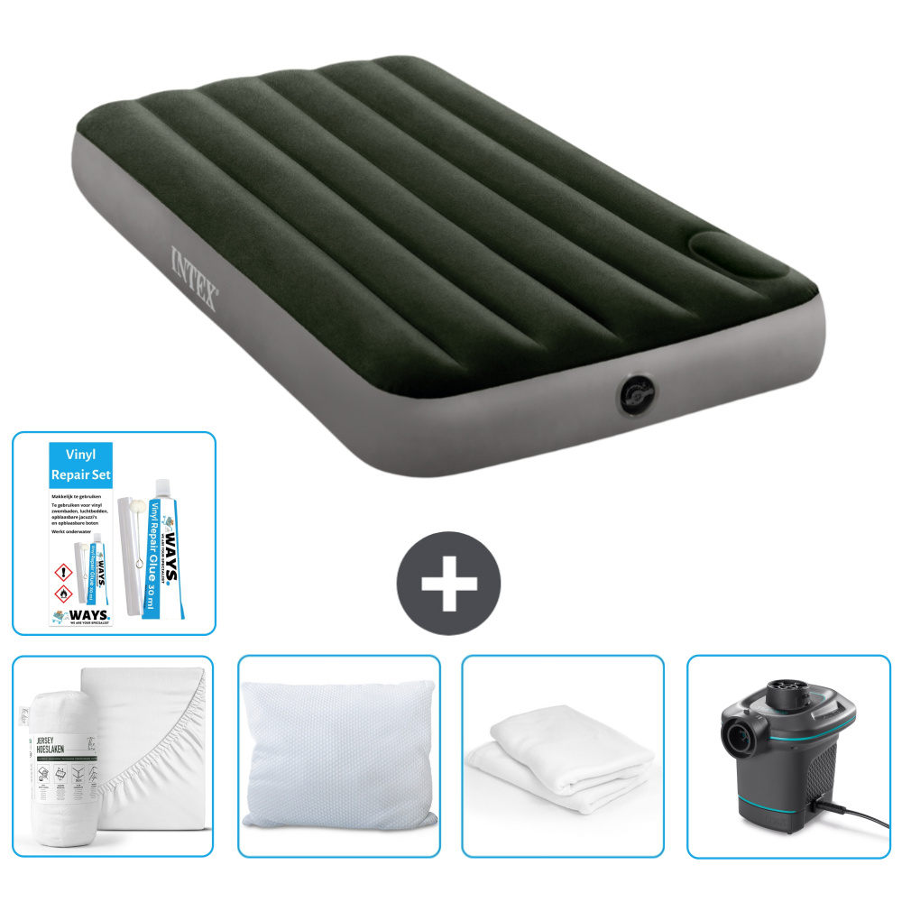 Dmuchane łóżko Intex - 1 osoba - 99 x 191 x 25 cm - zielone - prześcieradło - całowanie - pompka - zestaw naprawczy en ochraniacz na poduszkę