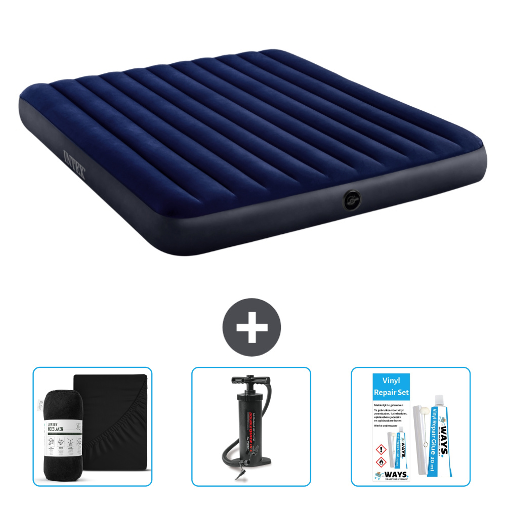 Dmuchane łóżko Intex - 2 osoby - 183 x 203 x 25 cm - niebieskie - w zestawie prześcieradło - pompka i zestaw naprawczy