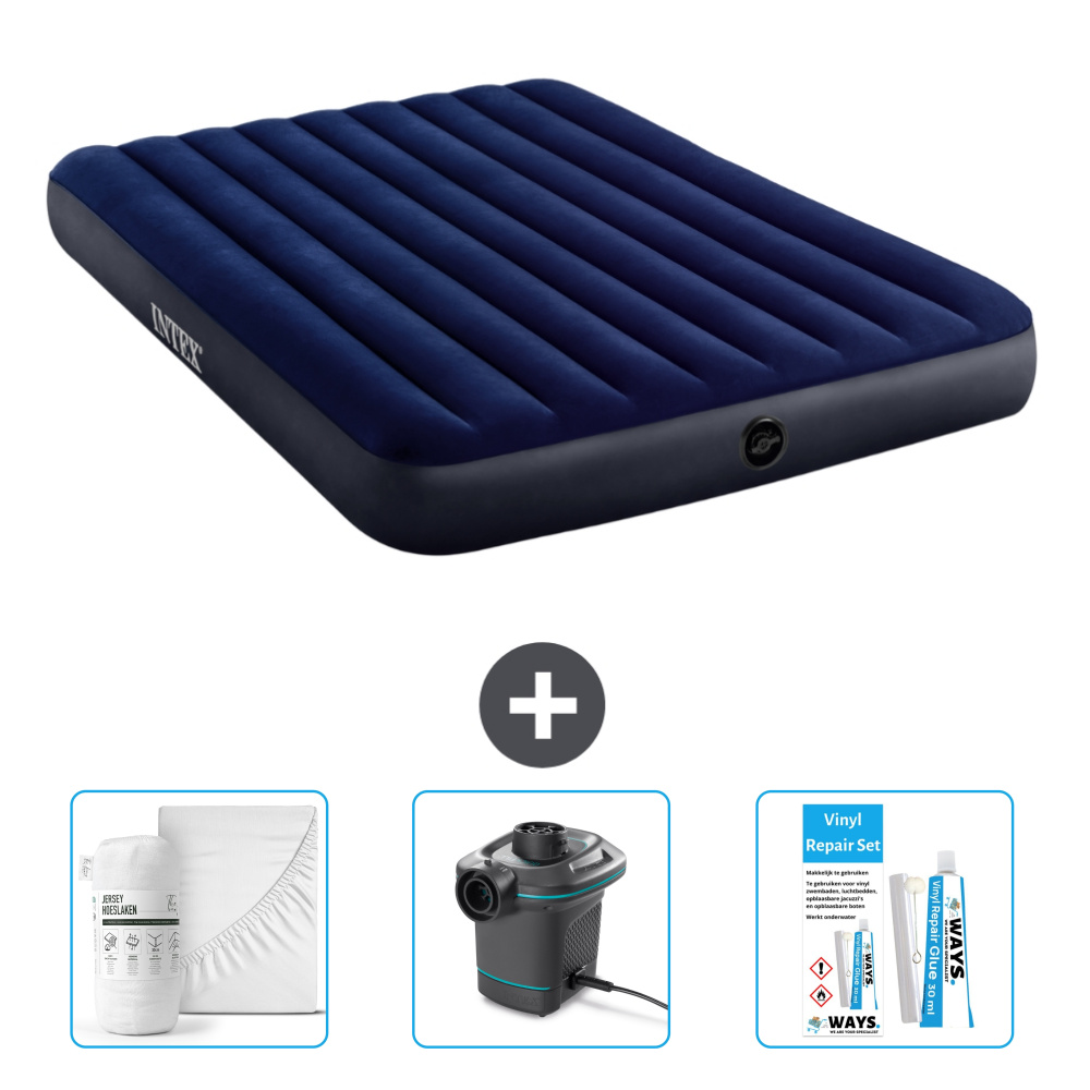Dmuchane łóżko Intex - 2 osoby - 152 x 203 x 25 cm - niebieskie - w zestawie prześcieradło - pompka i zestaw naprawczy
