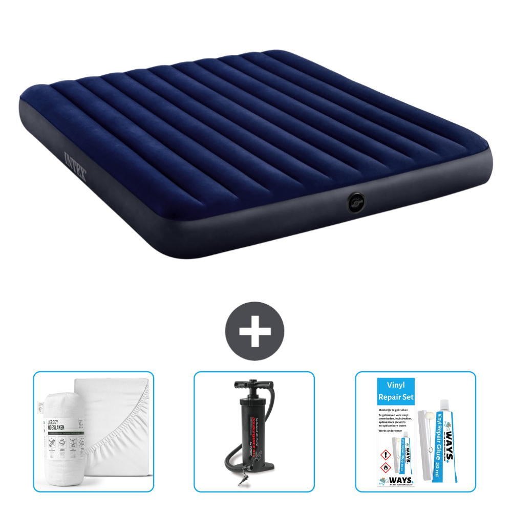 Dmuchane łóżko Intex - 2 osoby - 183 x 203 x 25 cm - niebieskie - w zestawie prześcieradło - pompka i zestaw naprawczy