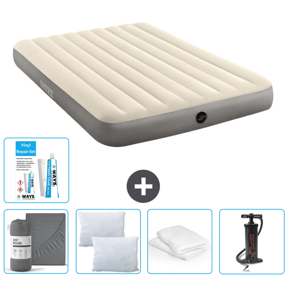 Łóżko powietrzne Intex - 2 osoby - 152 x 203 x 25 cm - beżowe - w zestawie prześcieradło - pocałunek - pompka - zestaw naprawczy en ochraniacz na poduszkę