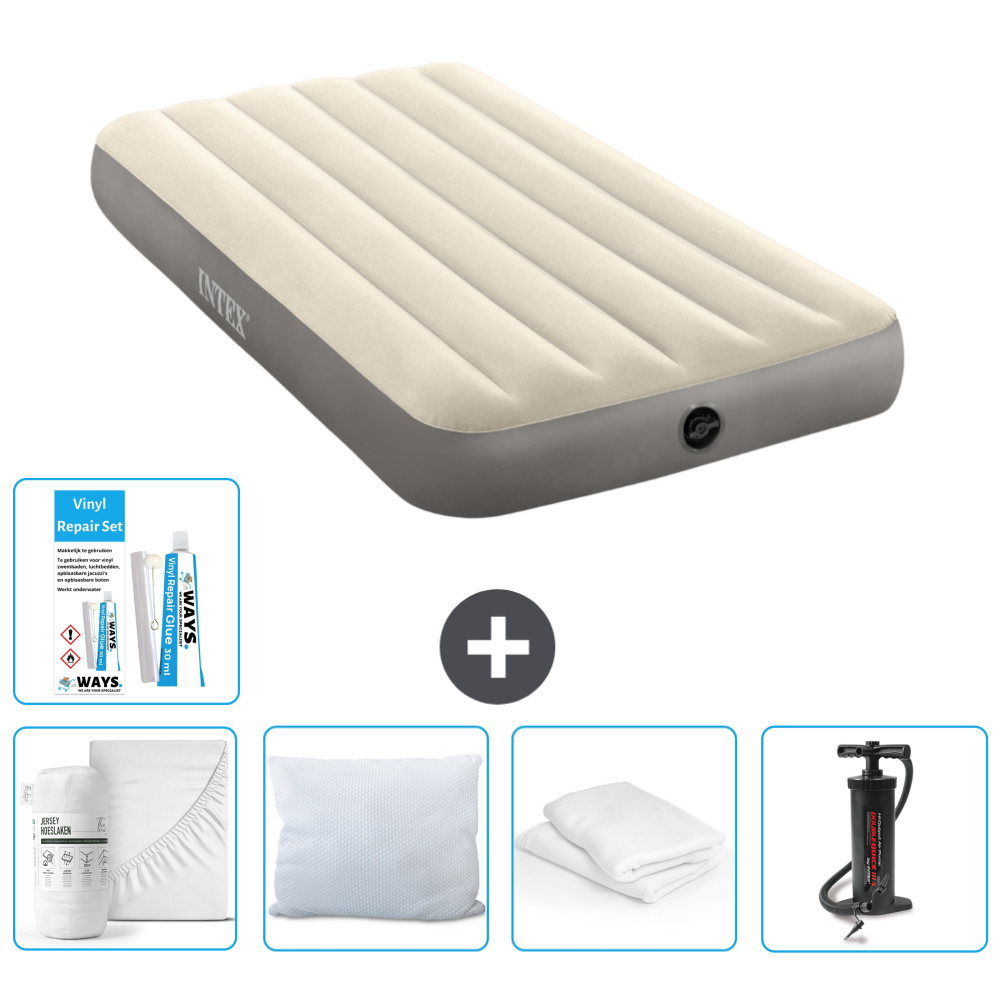 Łóżko powietrzne Intex - 1 osoba - 99 x 191 x 25 cm - beżowe - w zestawie prześcieradło - pocałunek - pompka - zestaw naprawczy i ochraniacz na poduszkę