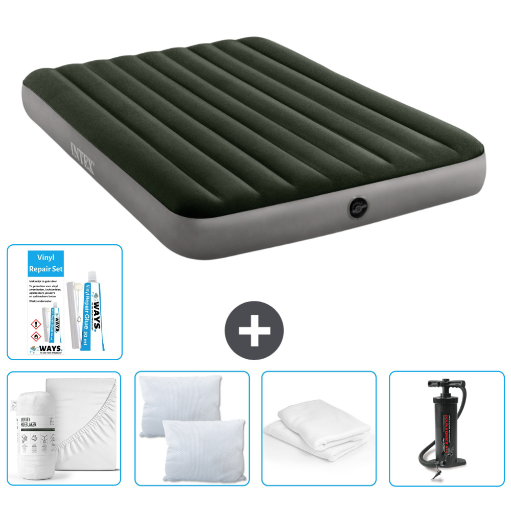 Dmuchane łóżko Intex - 2 osoby - 152 x 203 x 25 cm - zielone - w zestawie prześcieradło - buziak - pompka - zestaw naprawczy en ochraniacz na poduszkę