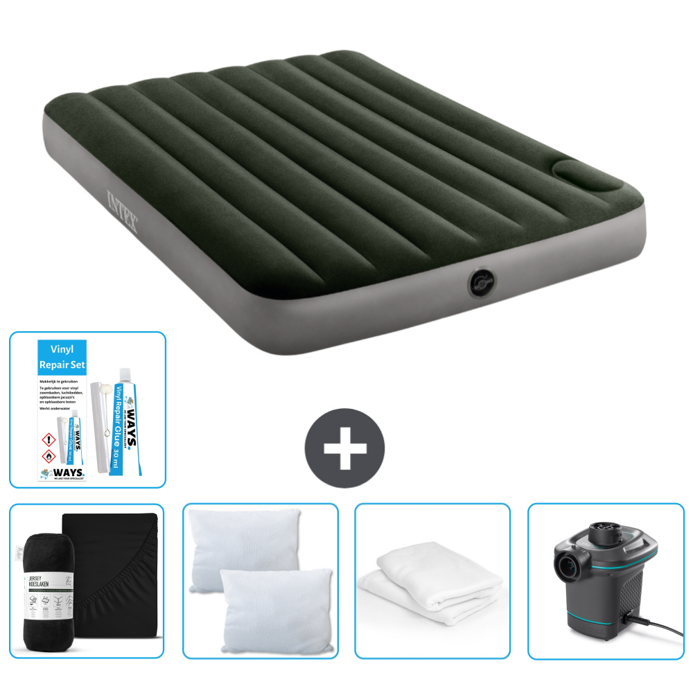 Łóżko powietrzne Intex - Łóżko podwójne - 137 x 191 x 25 cm - Zielony - Prześcieradło - Pompka - Zestaw naprawczy i ochraniacz na poduszkę