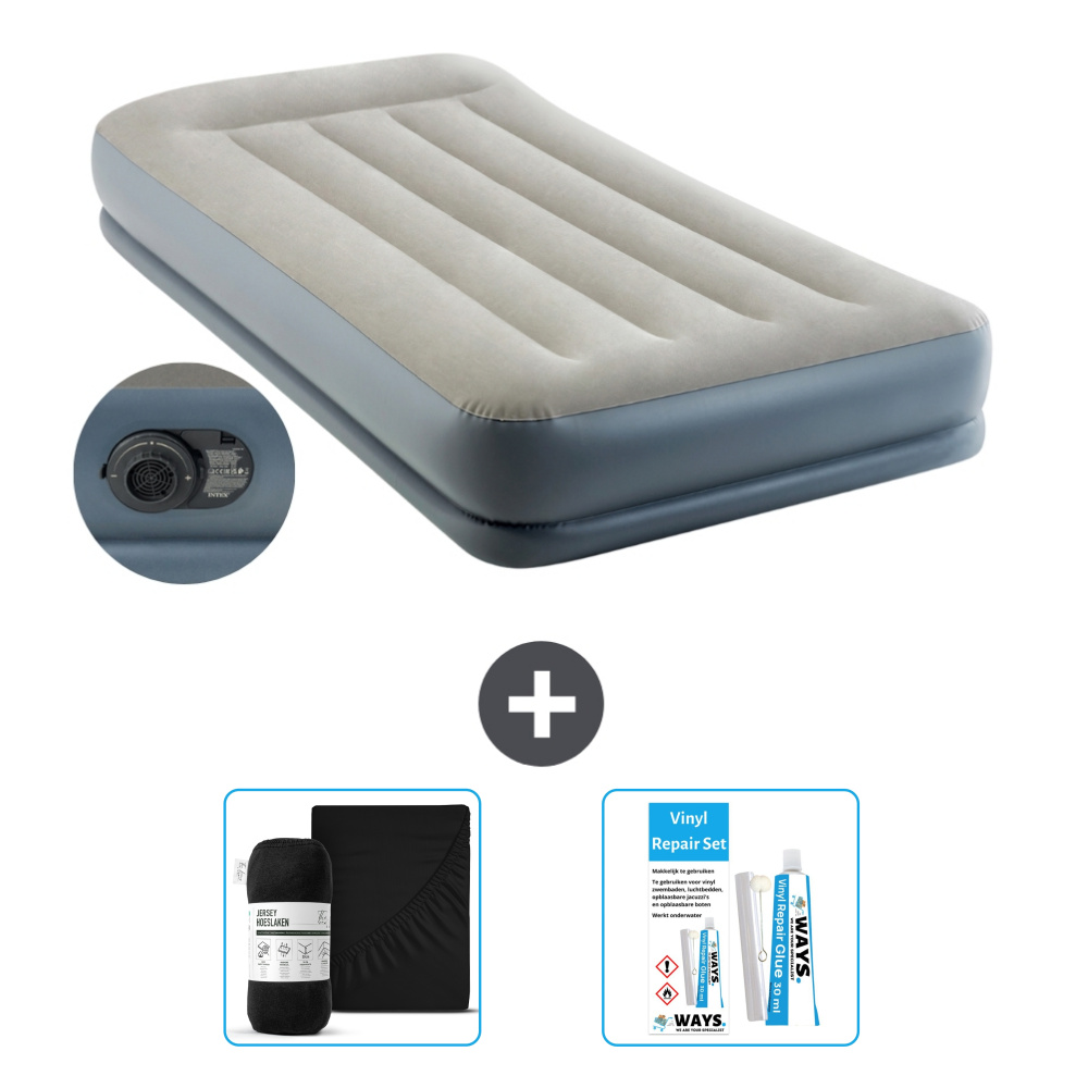 Łóżko powietrzne Intex - 1 osoba - 99 x 191 x 30 cm - Szare - Pompka w zestawie - Prześcieradło i zestaw naprawczy