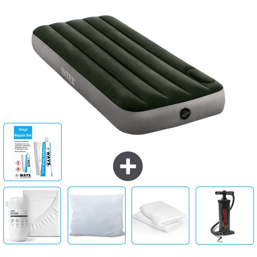 Dmuchane łóżko Intex - 1 osoba - 76 x 191 x 25 cm - zielone - prześcieradło - całowanie - pompka - zestaw naprawczy en ochraniacz na poduszkę