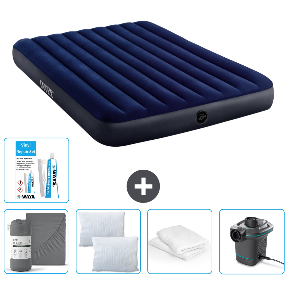 Dmuchane łóżko Intex - 2 osoby - 152 x 203 x 25 cm - niebieskie - w zestawie prześcieradło - buziak - pompka - zestaw naprawczy en ochraniacz na poduszkę