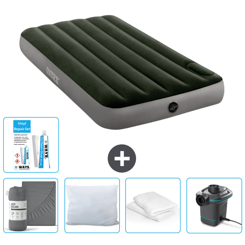 Dmuchane łóżko Intex - 1 osoba - 99 x 191 x 25 cm - zielone - prześcieradło - całowanie - pompka - zestaw naprawczy en ochraniacz na poduszkę