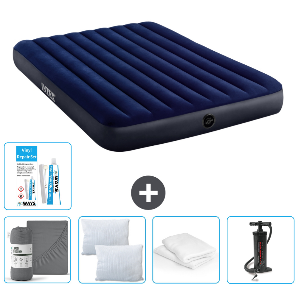 Dmuchane łóżko Intex - 2 osoby - 152 x 203 x 25 cm - niebieskie - w zestawie prześcieradło - buziak - pompka - zestaw naprawczy en ochraniacz na poduszkę