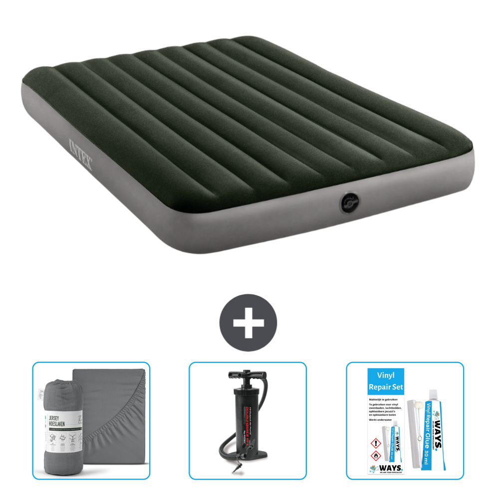 Dmuchane łóżko Intex - 2 osoby - 152 x 203 x 25 cm - zielone - w zestawie prześcieradło - pompka i zestaw naprawczy