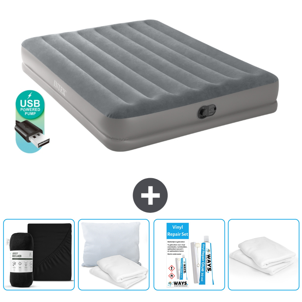 Łóżko powietrzne Intex - 2 osoby - 152 x 203 x 30 cm - Szare - Z pompką - Prześcieradło - Całowanie - Zestaw naprawczy en Ochraniacz na poduszkę