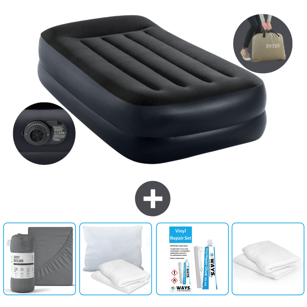 Łóżko powietrzne Intex - 1 osoba - 99 x 191 x 42 cm - Niebieski - Z pompką - Prześcieradło - Całowanie - Zestaw naprawczy en Ochraniacz na poduszkę