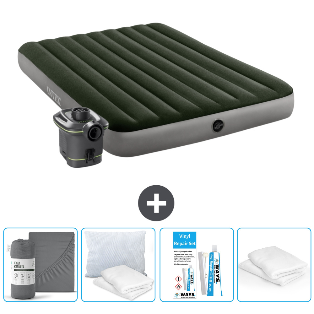 Łóżko powietrzne Intex - 2 osoby - 152 x 203 x 25 cm - Zielony - Z pompką - Prześcieradło - Zestaw naprawczy en Ochraniacz na poduszkę
