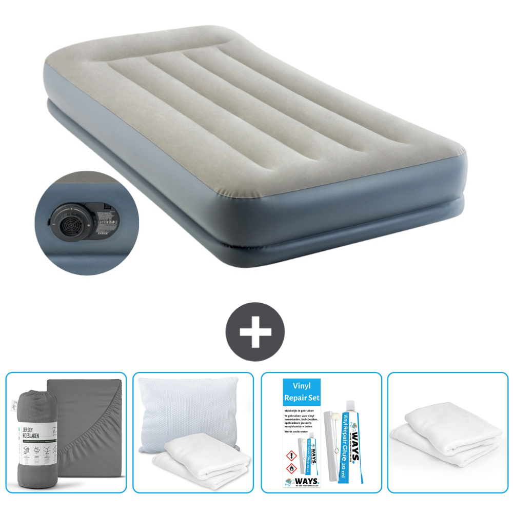 Łóżko powietrzne Intex - 1 osoba - 99 x 191 x 30 cm - Szare - Pompka w zestawie - Prześcieradło - Całowanie - Zestaw naprawczy en Ochraniacz na poduszkę