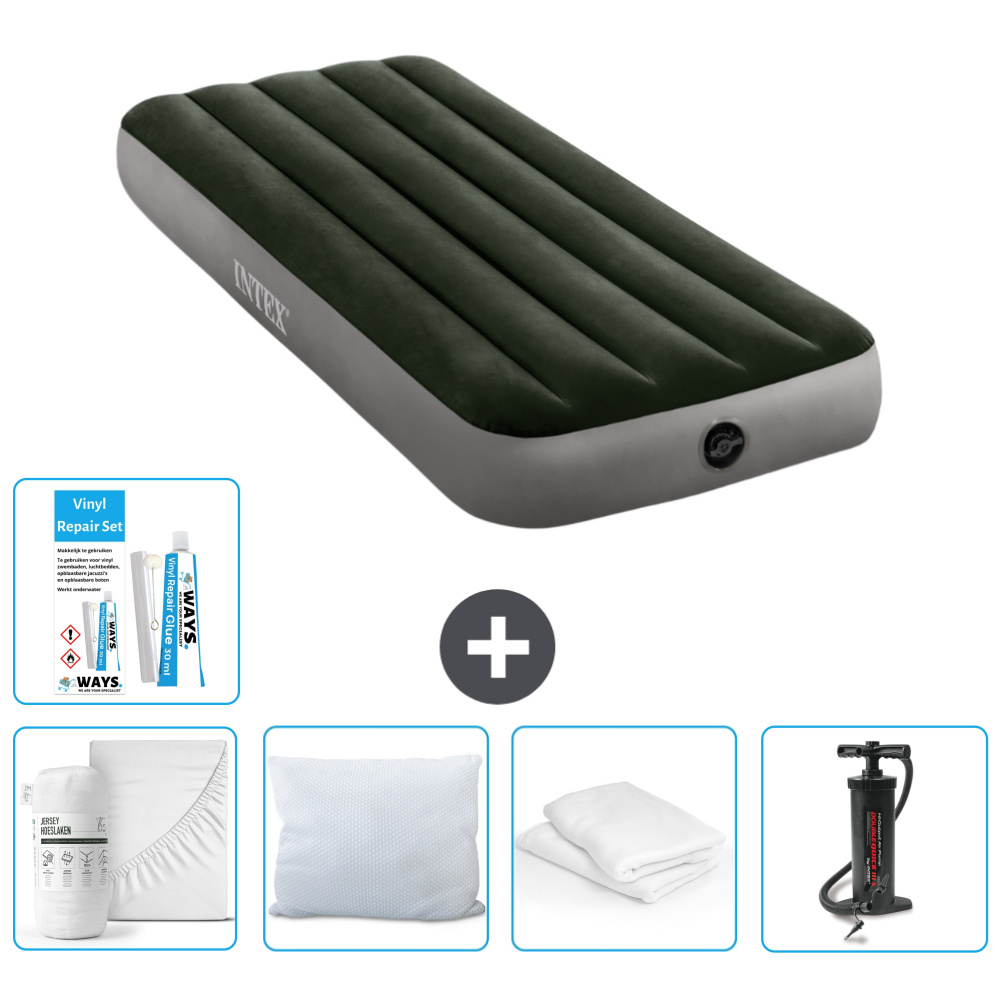 Dmuchane łóżko Intex - 1 osoba - 76 x 191 x 25 cm - zielone - w zestawie prześcieradło - pocałunek - pompka - zestaw naprawczy en ochraniacz na poduszkę