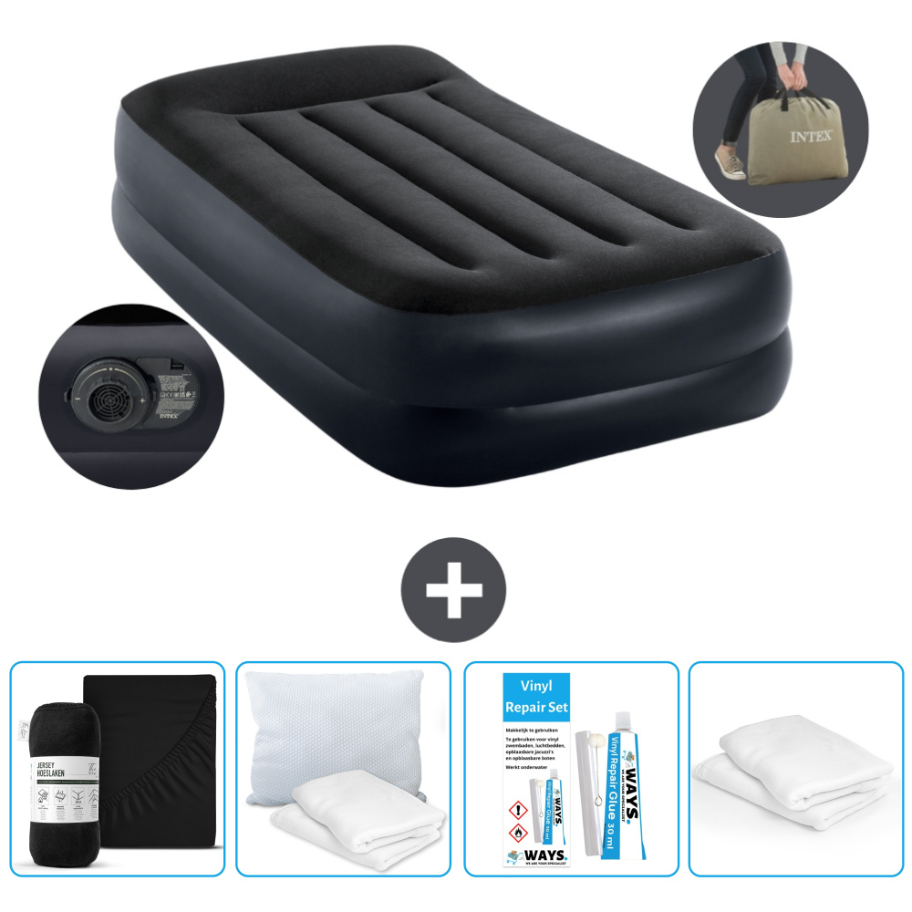 Łóżko powietrzne Intex - 1 osoba - 99 x 191 x 42 cm - Niebieski - Z pompką - Prześcieradło - Całowanie - Zestaw naprawczy en Ochraniacz na poduszkę