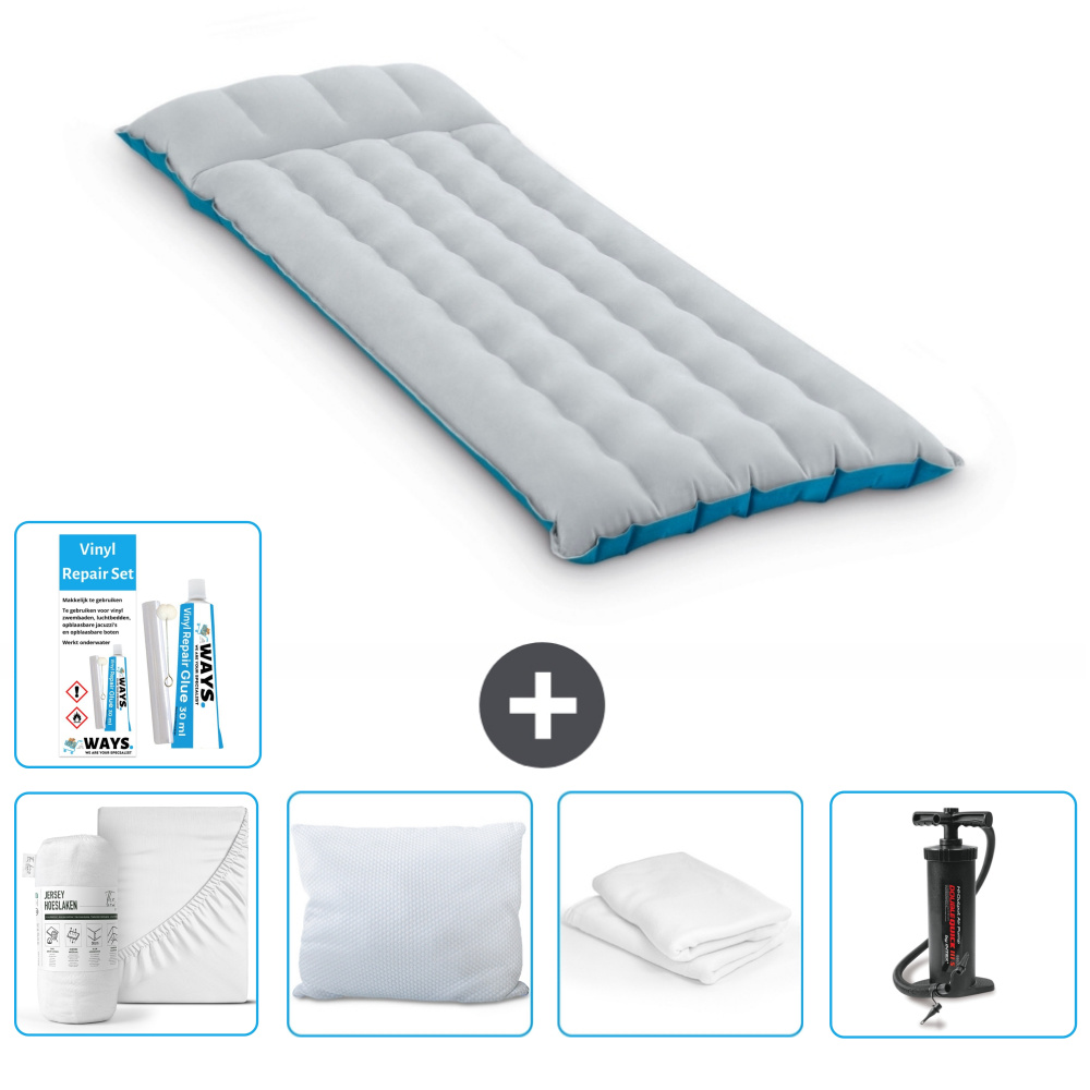 Mata kempingowa Intex - 1 osoba - 67 x 184 x 17 cm - niebieska - zawiera prześcieradło - pocałunek - pompkę - zestaw naprawczy i ochraniacz na poduszkę