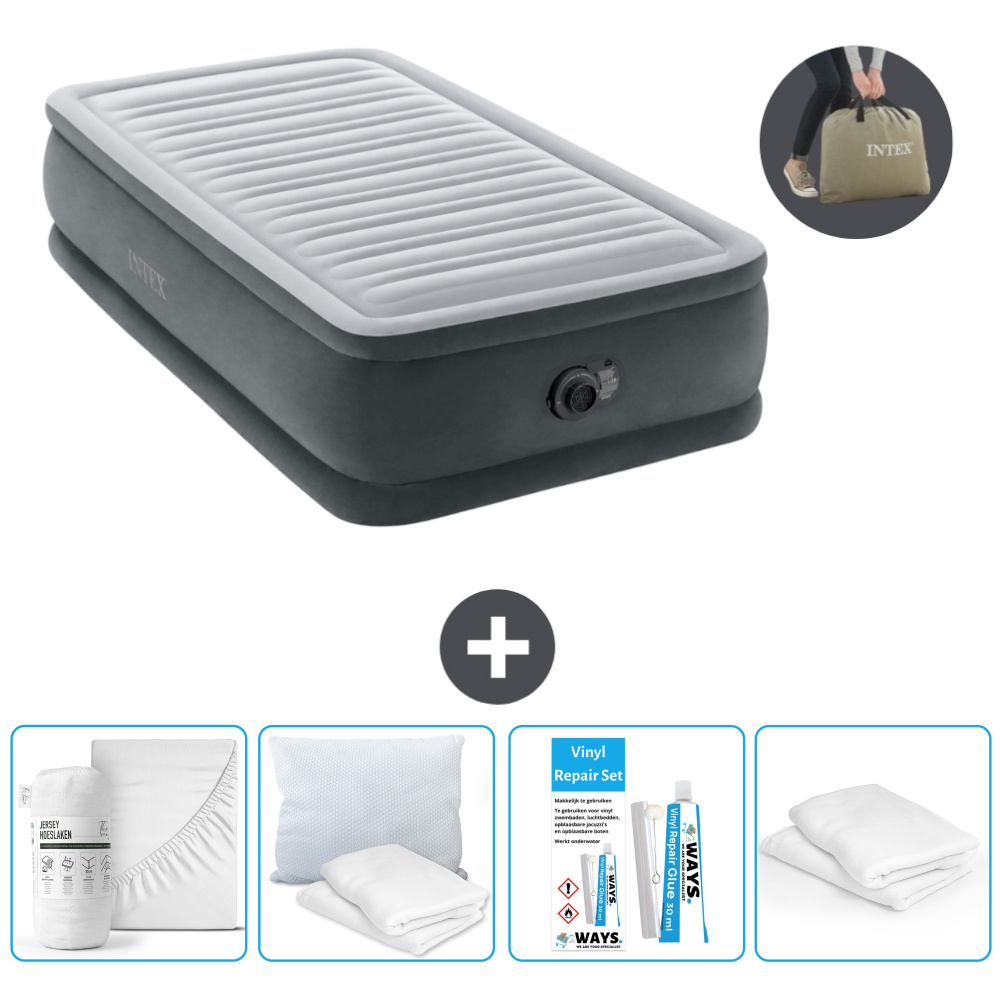 Łóżko powietrzne Intex - 1 osoba - 99 x 191 x 46 cm - Szary - Pompka w zestawie - Prześcieradło - Całowanie - Zestaw naprawczy en Ochraniacz na poduszkę