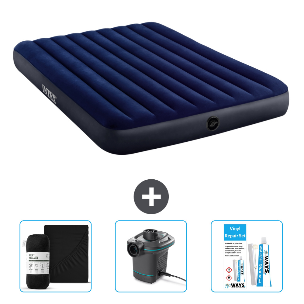 Dmuchane łóżko Intex - 2 osoby - 152 x 203 x 25 cm - niebieskie - w zestawie prześcieradło - pompka i zestaw naprawczy