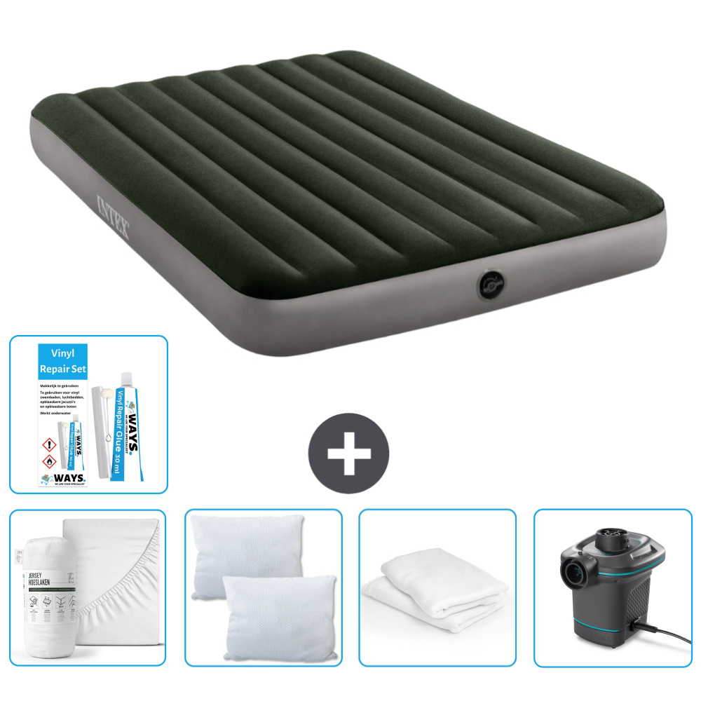 Dmuchane łóżko Intex - 2 osoby - 152 x 203 x 25 cm - zielone - w zestawie prześcieradło - buziak - pompka - zestaw naprawczy en ochraniacz na poduszkę