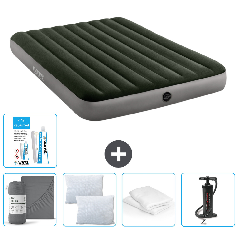 Dmuchane łóżko Intex - 2 osoby - 152 x 203 x 25 cm - zielone - w zestawie prześcieradło - buziak - pompka - zestaw naprawczy en ochraniacz na poduszkę