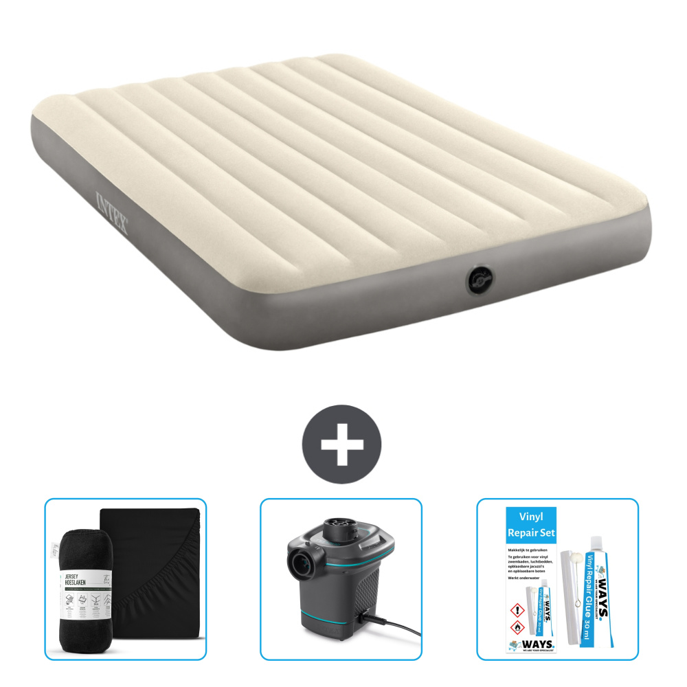 Dmuchane łóżko Intex - 2 osoby - 152 x 203 x 25 cm - beżowe - w zestawie prześcieradło - pompka i zestaw naprawczy