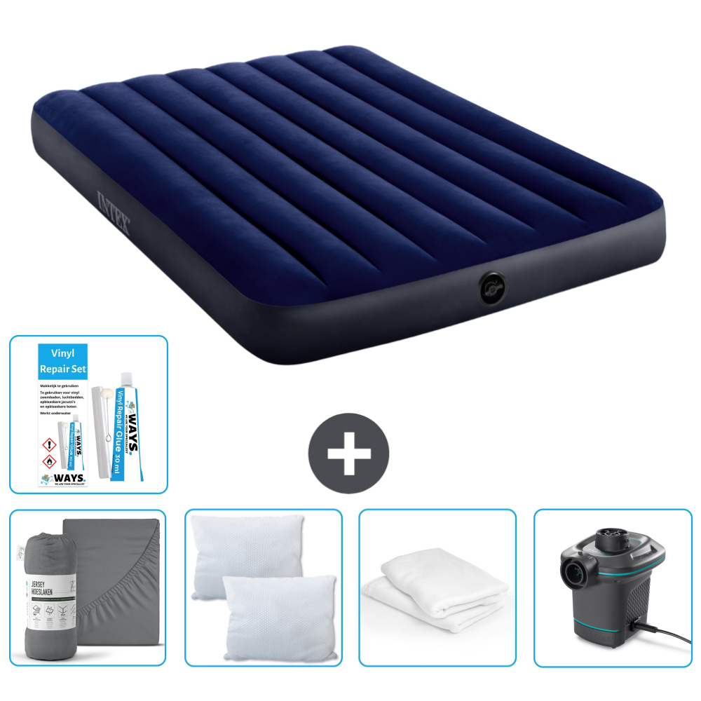 Łóżko powietrzne Intex - Łóżko podwójne - 137 x 191 x 25 cm - Niebieski - W zestawie Prześcieradło - Pompka - Zestaw naprawczy en Ochraniacz na poduszkę