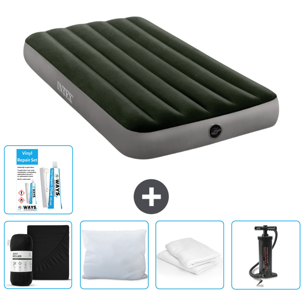 Dmuchane łóżko Intex - 1 osoba - 99 x 191 x 25 cm - zielone - w zestawie prześcieradło - pocałunek - pompka - zestaw naprawczy en ochraniacz na poduszkę