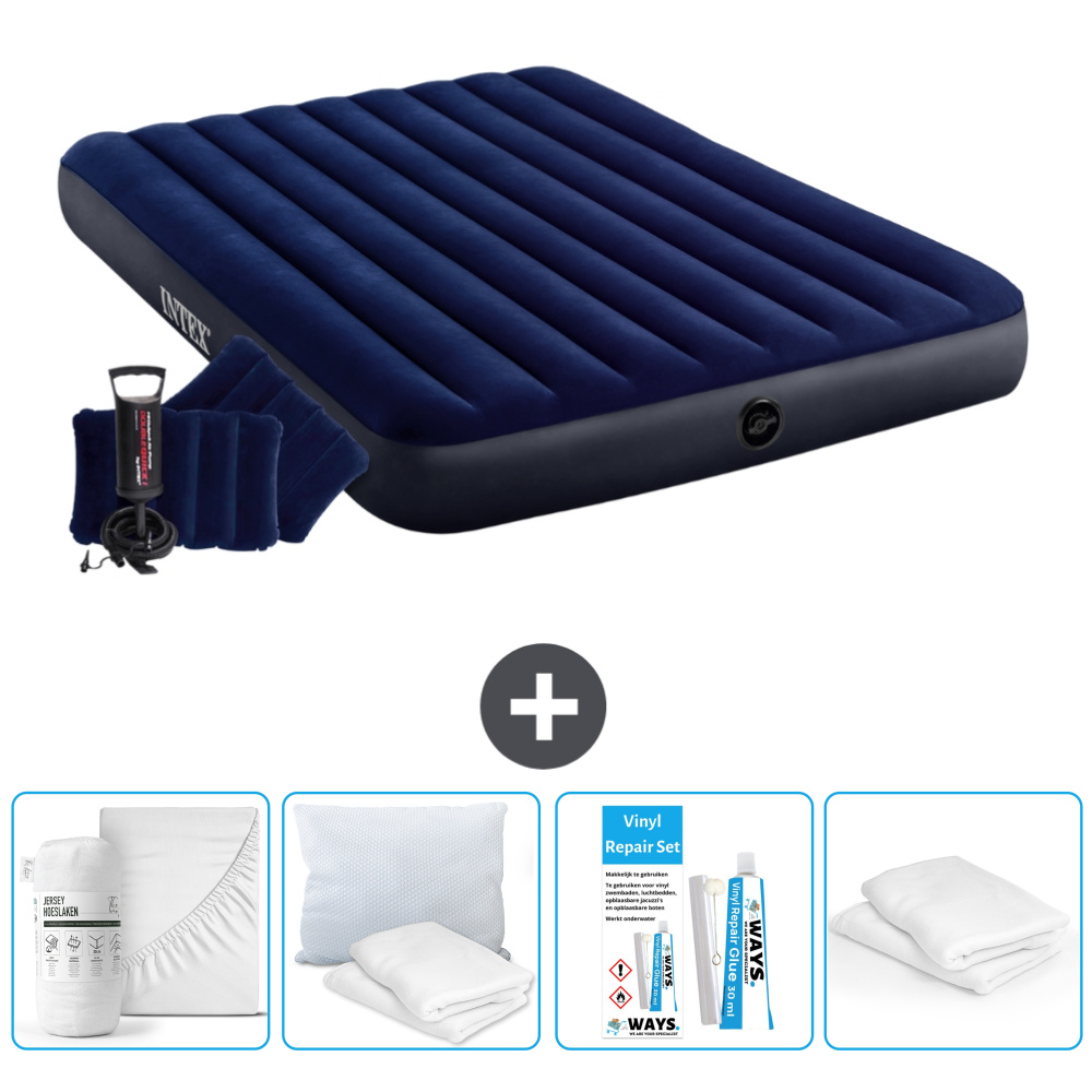 Łóżko powietrzne Intex - 2 osoby - 152 x 203 x 25 cm - Niebieskie - W zestawie pompka ręczna - poduszka - prześcieradło - buziak - zestaw naprawczy en ochraniacz na poduszkę