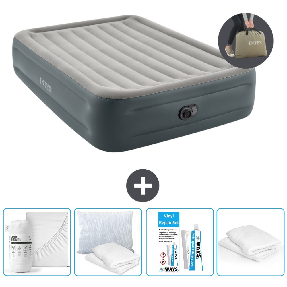 Łóżko powietrzne Intex - 2 osoby - 152 x 203 x 46 cm - Szare - Z pompką - Prześcieradło - Całowanie - Zestaw naprawczy en Ochraniacz na poduszkę