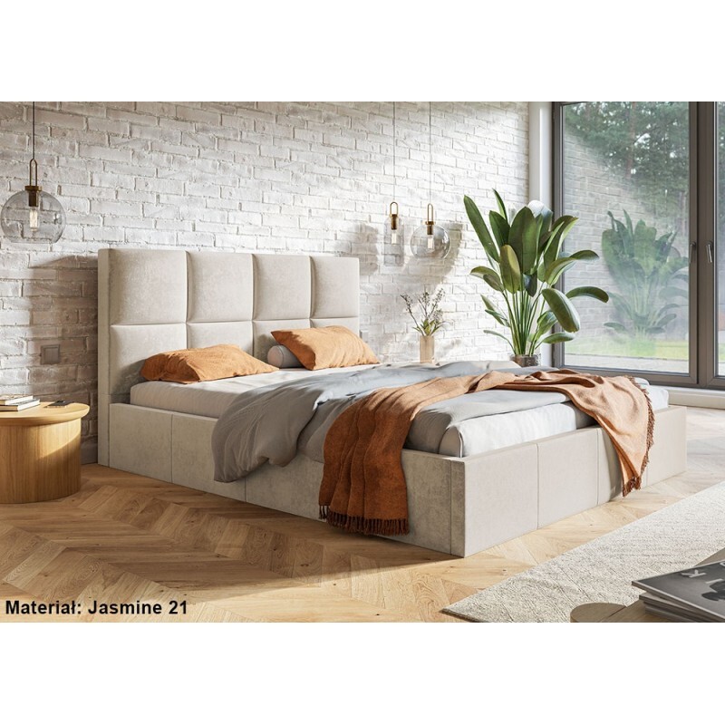 Łóżko tapicerowane SLIM z wezgłowiem, 160x200 cm, łóżko podwójne z podstawą łóżka i stelażem z listew drewnianych, tkanina welurowa, kolor: beżowy